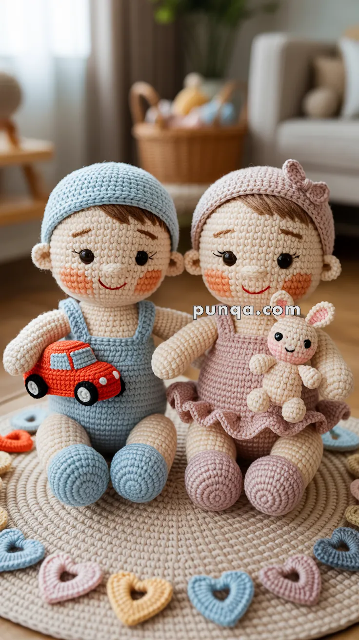 Two crocheted dolls sit side by side, one in blue overalls holding a red car, and the other in pink with a headband holding a small bunny toy, placed on a circular knitted mat with heart decorations.