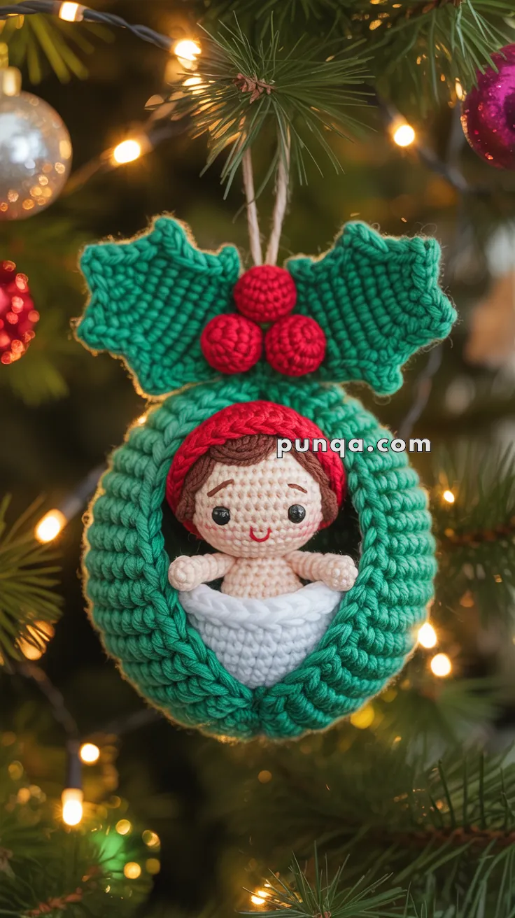 A crocheted Christmas ornament features a small doll with a red hat and a smiling face, nestled in a green wreath with holly leaves and red berries, hanging on a Christmas tree with lights.