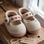 A pair of handcrafted baby shoes made of beige and pink crocheted material, adorned with small red heart designs, placed on a wooden surface next to a tag that reads "Handmade with love."