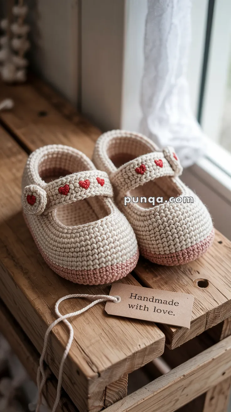A pair of handcrafted baby shoes made of beige and pink crocheted material, adorned with small red heart designs, placed on a wooden surface next to a tag that reads "Handmade with love."