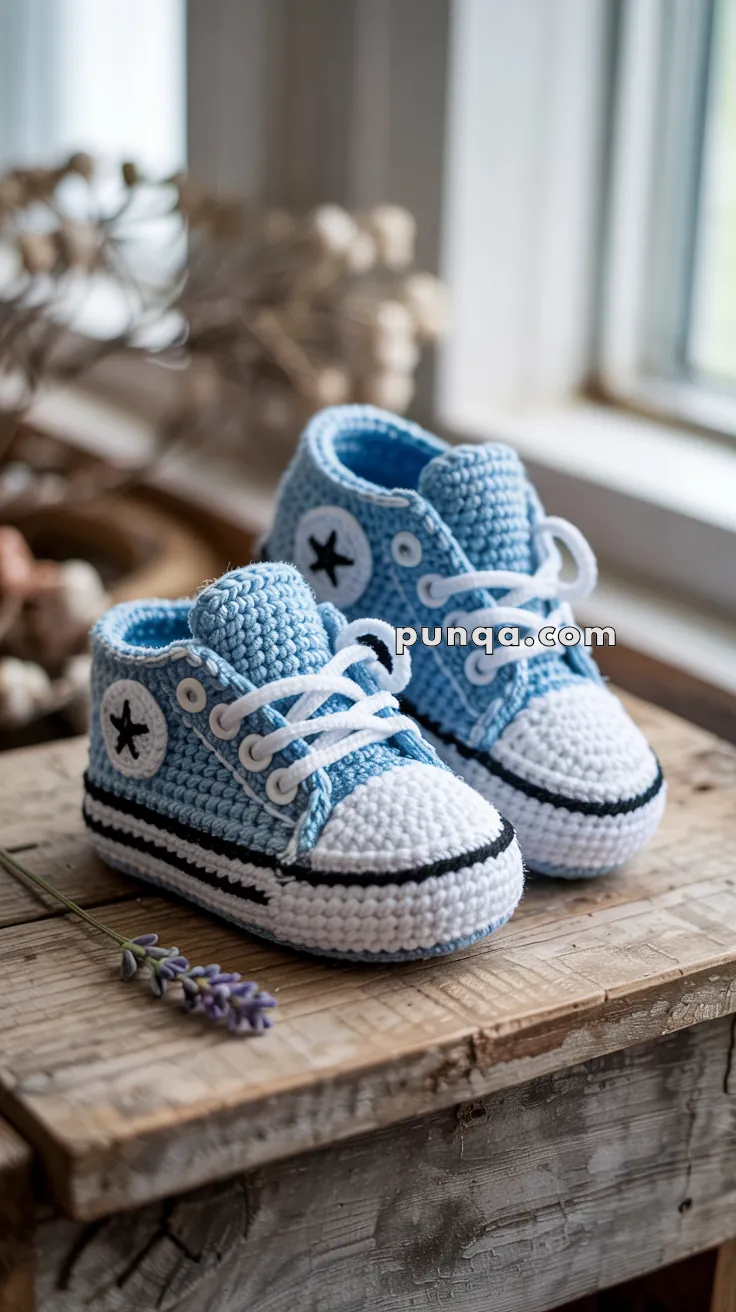 A pair of blue and white crocheted baby shoes designed to resemble sneakers, placed on a wooden surface near a window with a small purple flower nearby.