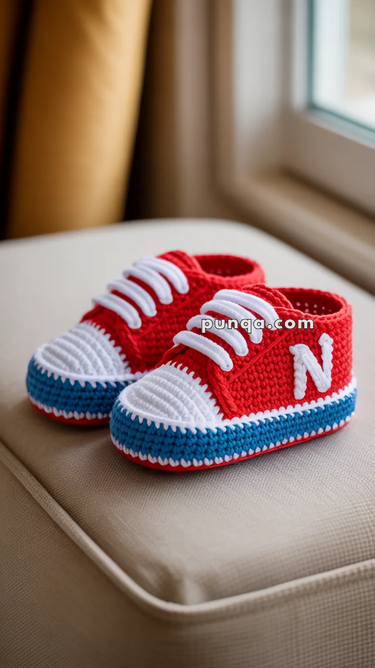 A pair of crocheted baby booties designed like sneakers, with red uppers, white laces, and blue soles, featuring a white letter 'N' on the side.