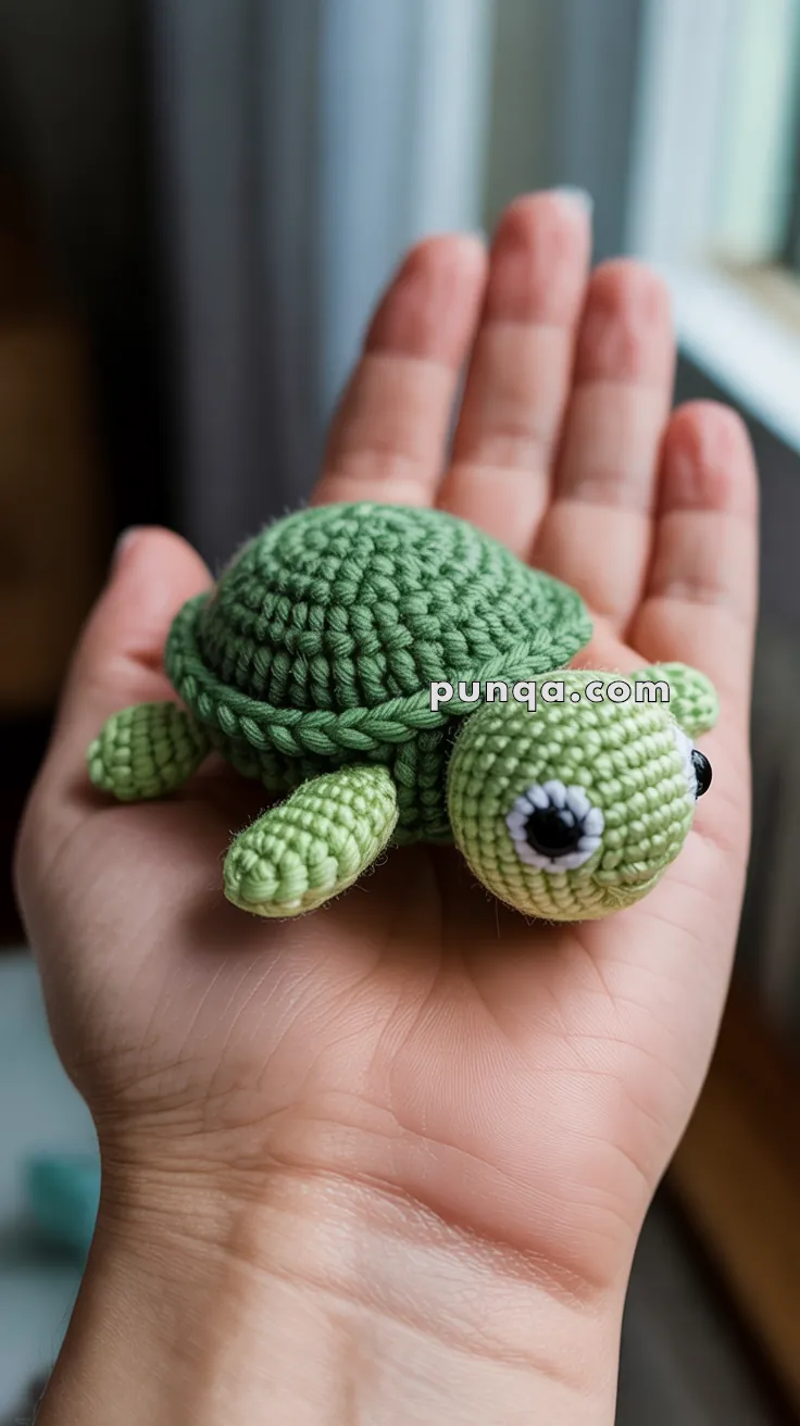 A crocheted green turtle with large eyes, resting in the palm of a hand.