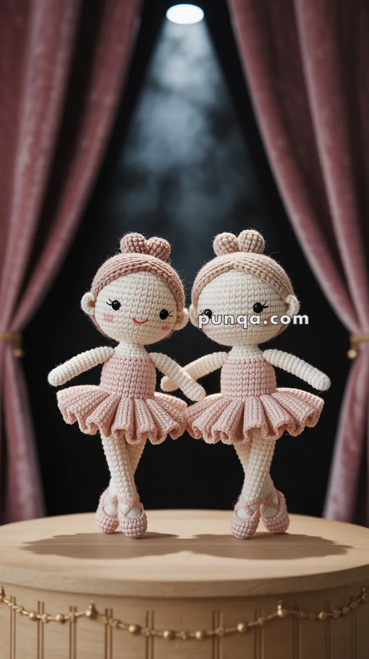 Two crocheted ballerina dolls in pink tutus stand side by side on a wooden platform, with stage curtains and a spotlight in the background.