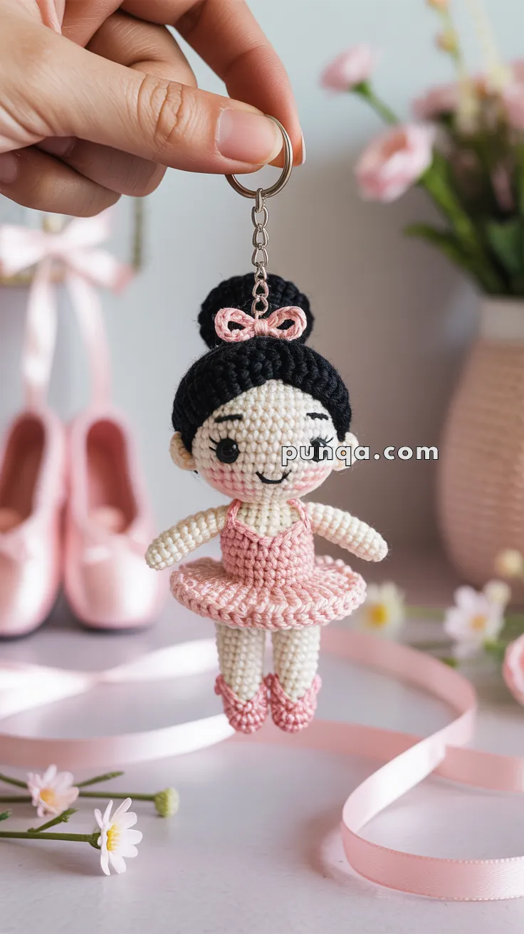 A hand holding a crochet keychain featuring a small ballerina doll with a pink tutu, black hair bun, and pink bow, set against a background with ballet shoes and pink flowers.