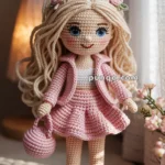 A crocheted doll with long blonde hair and large blue eyes, dressed in a pink outfit consisting of a jacket, skirt, and matching shoes. The doll holds a small pink handbag and stands in front of a softly lit background with flowers nearby.