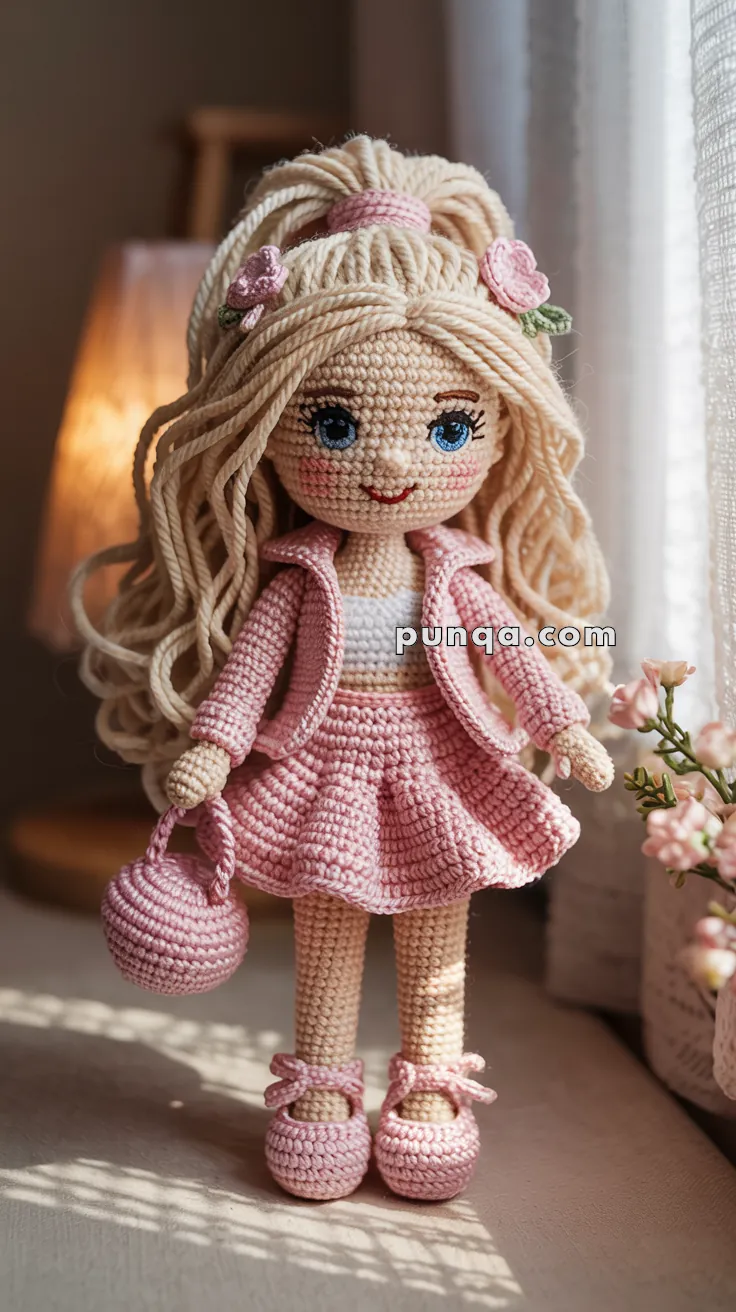 A crocheted doll with long blonde hair and large blue eyes, dressed in a pink outfit consisting of a jacket, skirt, and matching shoes. The doll holds a small pink handbag and stands in front of a softly lit background with flowers nearby.