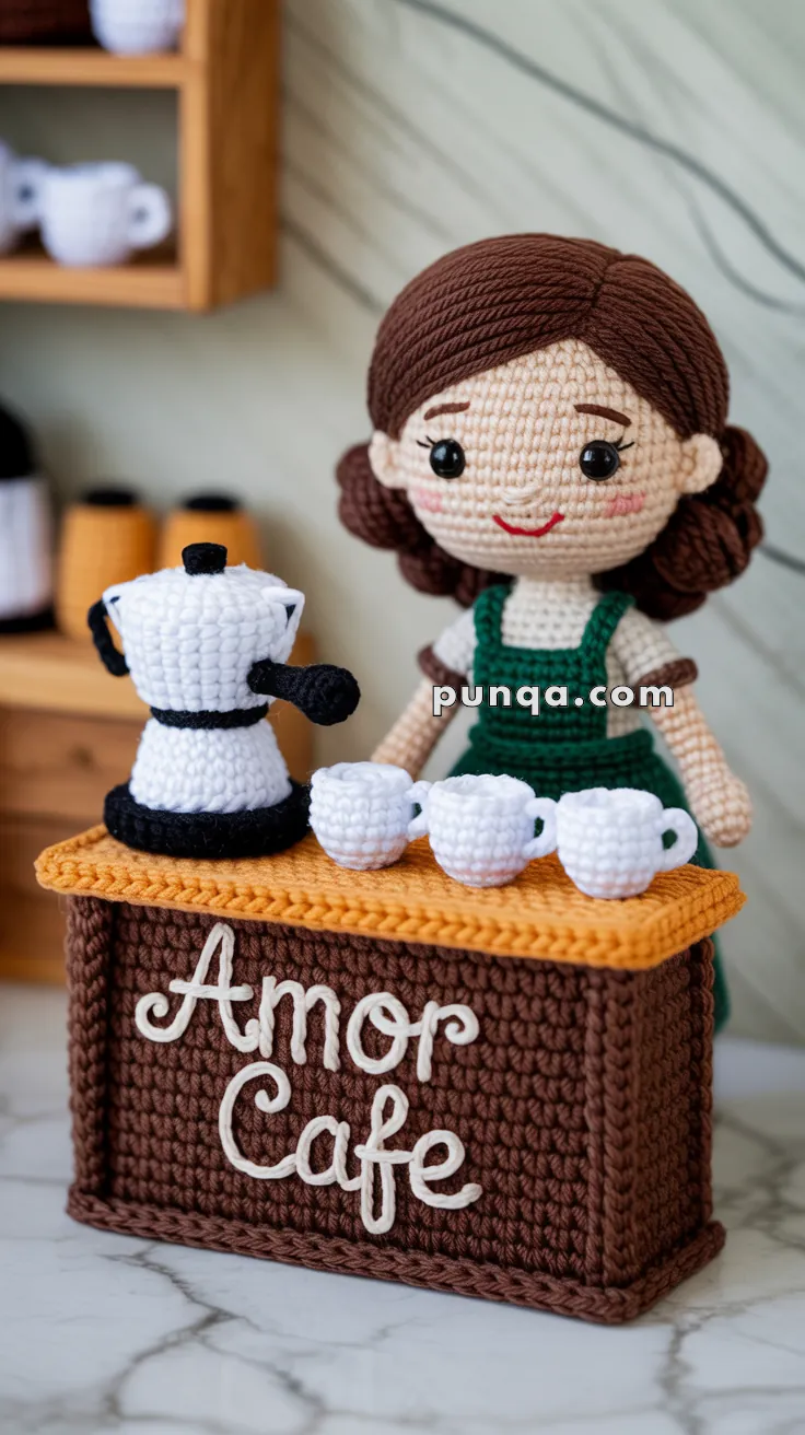 A crocheted doll standing behind a small, crafted table with the words 'Amor Cafe' written on it. The table holds a small crocheted coffee pot and cups. The doll has brown hair and is wearing a green outfit. Shelves with more crocheted cups are visible in the background.