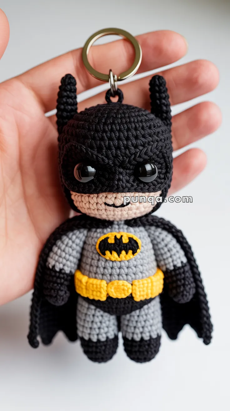 A hand holds a crochet keychain resembling a superhero with black ears, black and gray suit, and an emblem on the chest, featuring a yellow utility belt.