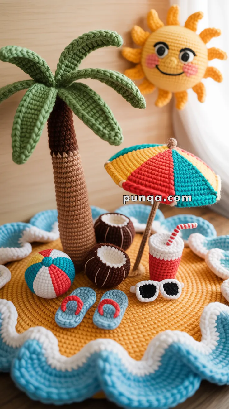 Colorful crochet scene depicting a beach setting with a palm tree, sun, umbrella, beach ball, coconut drinks, flip-flops, sunglasses, and a drink with a straw on a yellow and blue base.