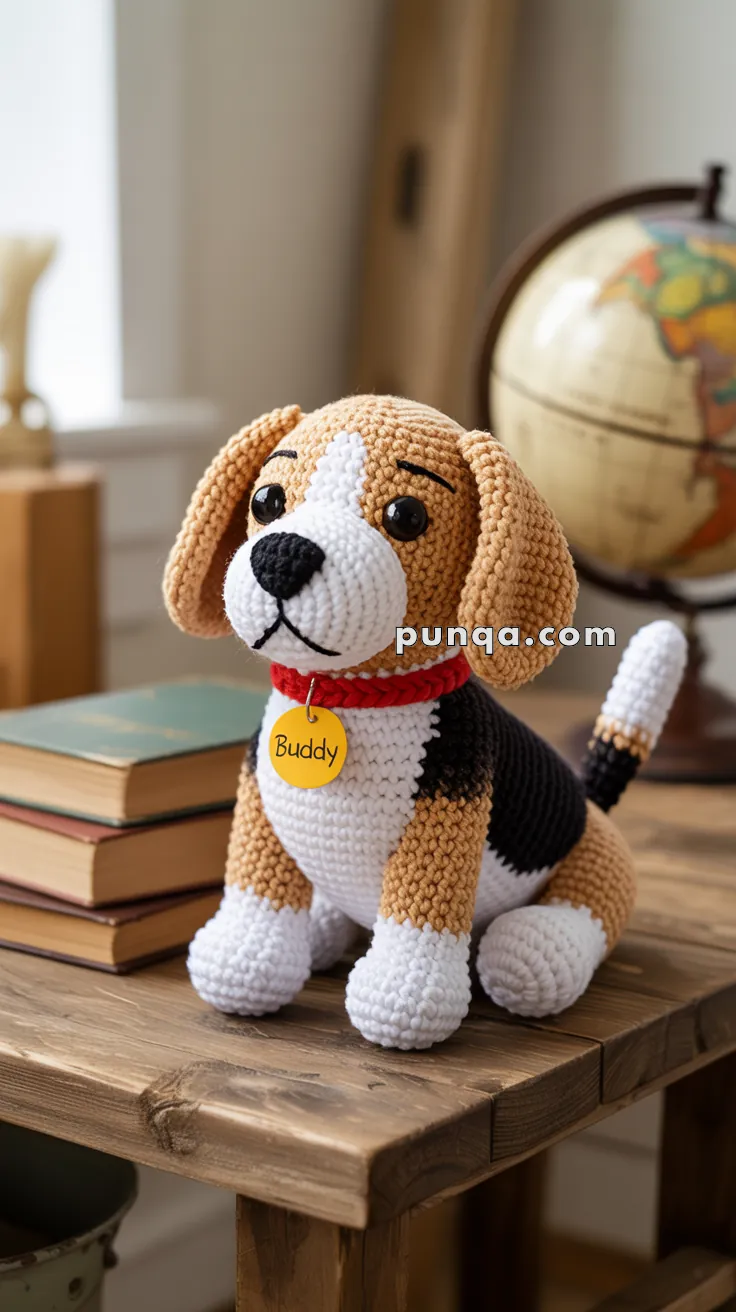 A crocheted dog plush toy resembling a beagle, labeled "Buddy," sits on a wooden table next to a stack of books and a globe.