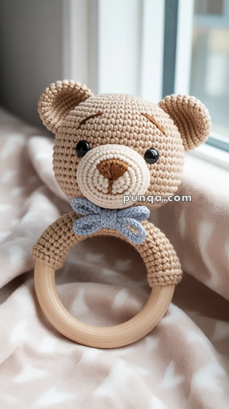 A crocheted teddy bear head on a wooden teething ring, adorned with a blue bow, resting on a soft patterned blanket by a window.