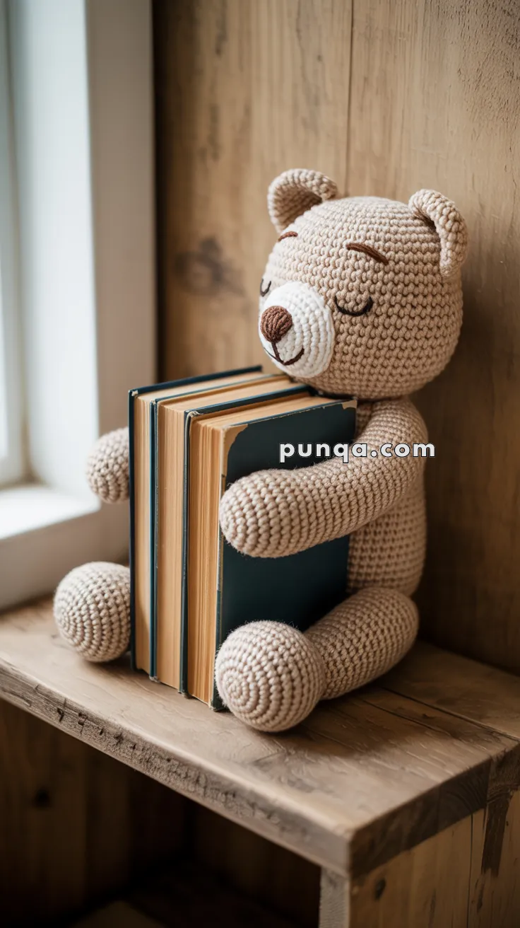 A crocheted teddy bear holding a stack of hardcover books, sitting on a wooden shelf by a window.