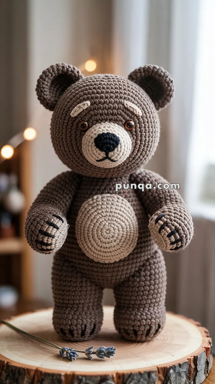 A crocheted teddy bear with brown and beige yarn, standing on a wooden surface with a small sprig of lavender in front of it. The background is softly lit with warm fairy lights.