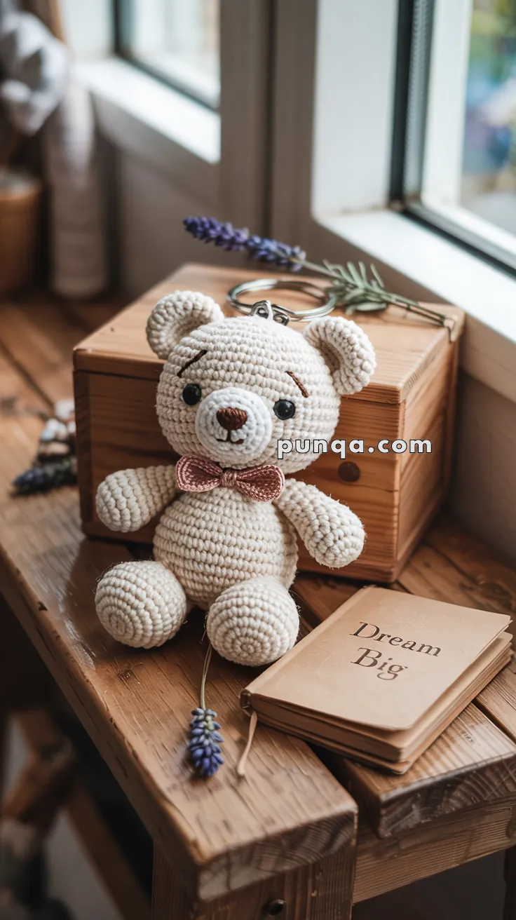A crocheted teddy bear keychain with a pink bow tie sits on a wooden surface beside a wooden box and a small booklet titled "Dream Big."