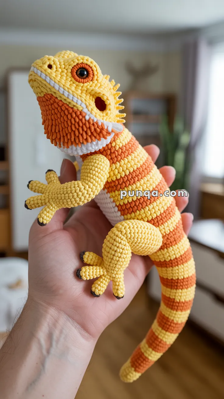 A hand holding a realistic crocheted bearded dragon in shades of yellow and orange, with intricate detailing on its scales and features, against a blurred indoor background.