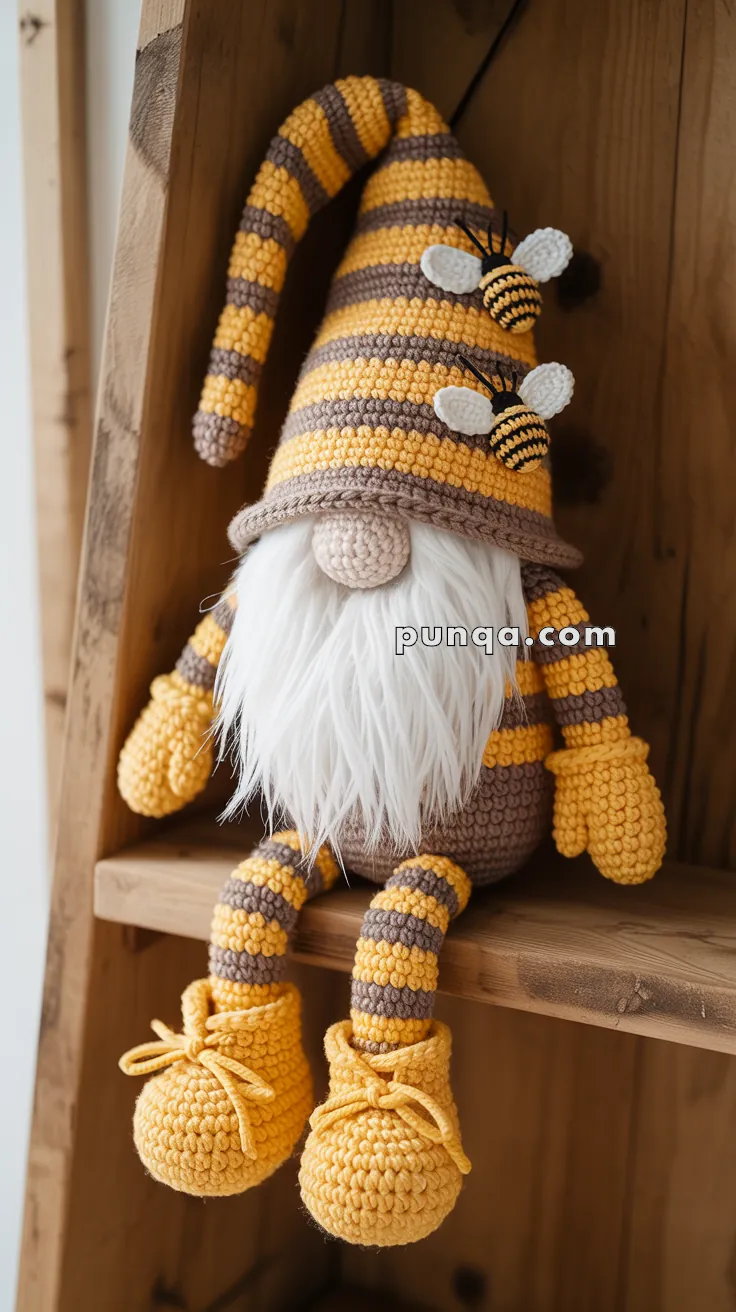 A crocheted gnome doll with a long, striped yellow and brown hat decorated with small bee designs, a white beard, and matching mittens and shoes, sitting on a wooden shelf.