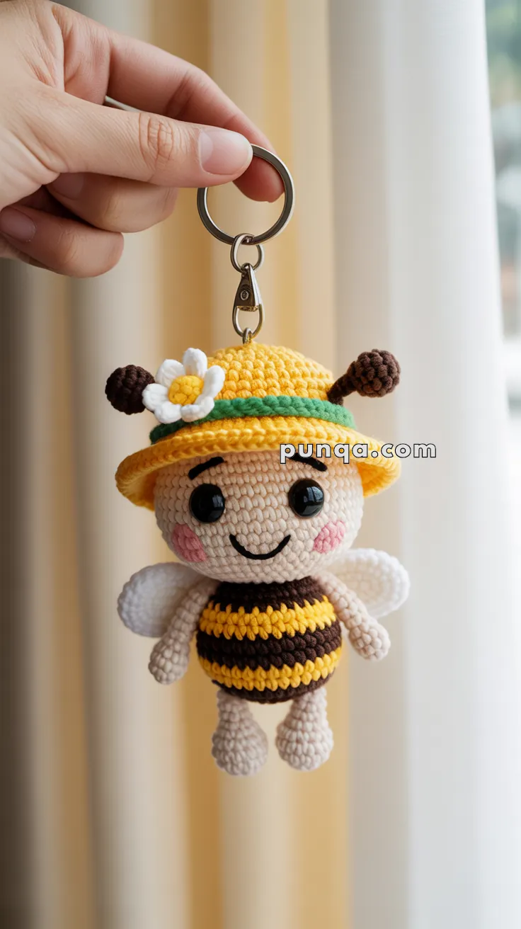 Hand holding a crocheted bee keychain with a yellow hat, white wings, and a flower decoration.
