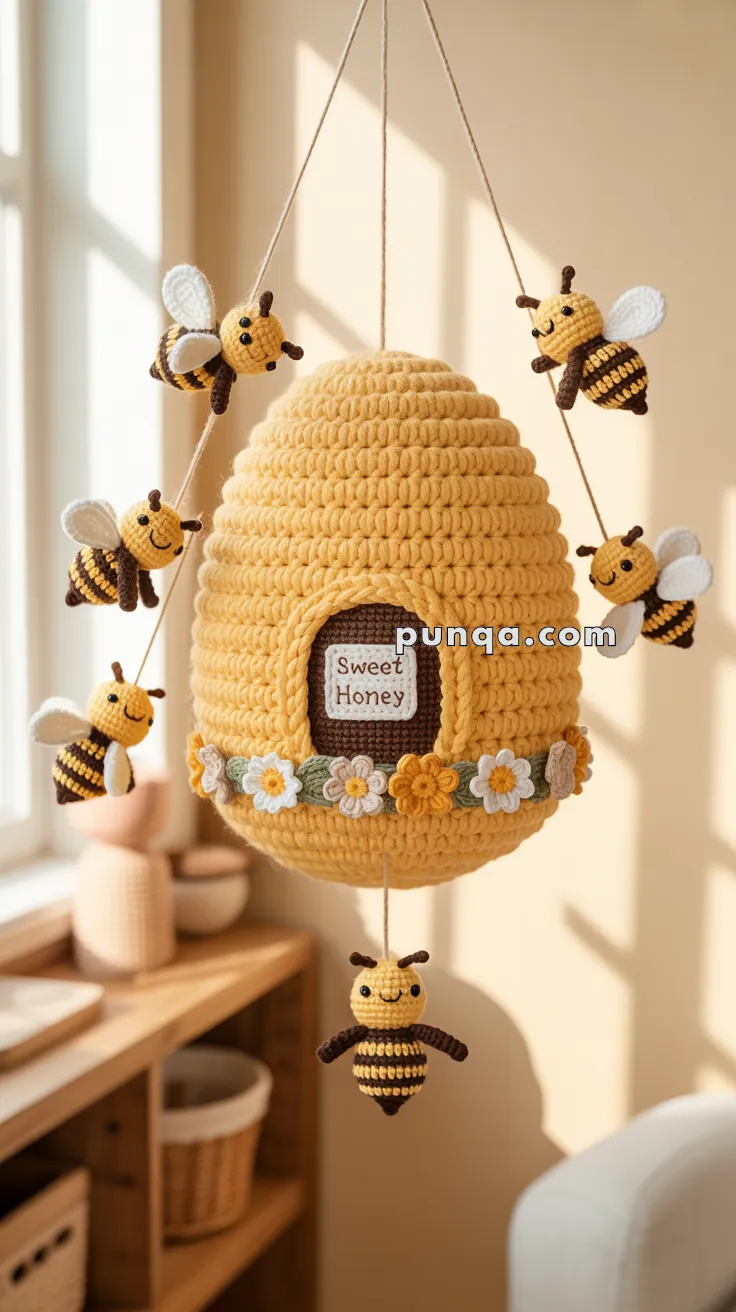 A crochet beehive adorned with small crocheted bees and flowers, labeled 'Sweet Honey,' hanging by strings in a sunlit room.