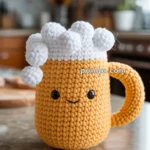 A crocheted mug designed to look like a mug of beer, complete with white foam on top, a smiling face, and a handle, placed on a kitchen counter.