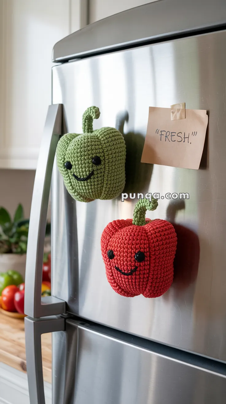 Two crocheted bell peppers, one green and one red, with smiley faces are attached to a stainless steel refrigerator door. A note reading "FRESH" is taped nearby.