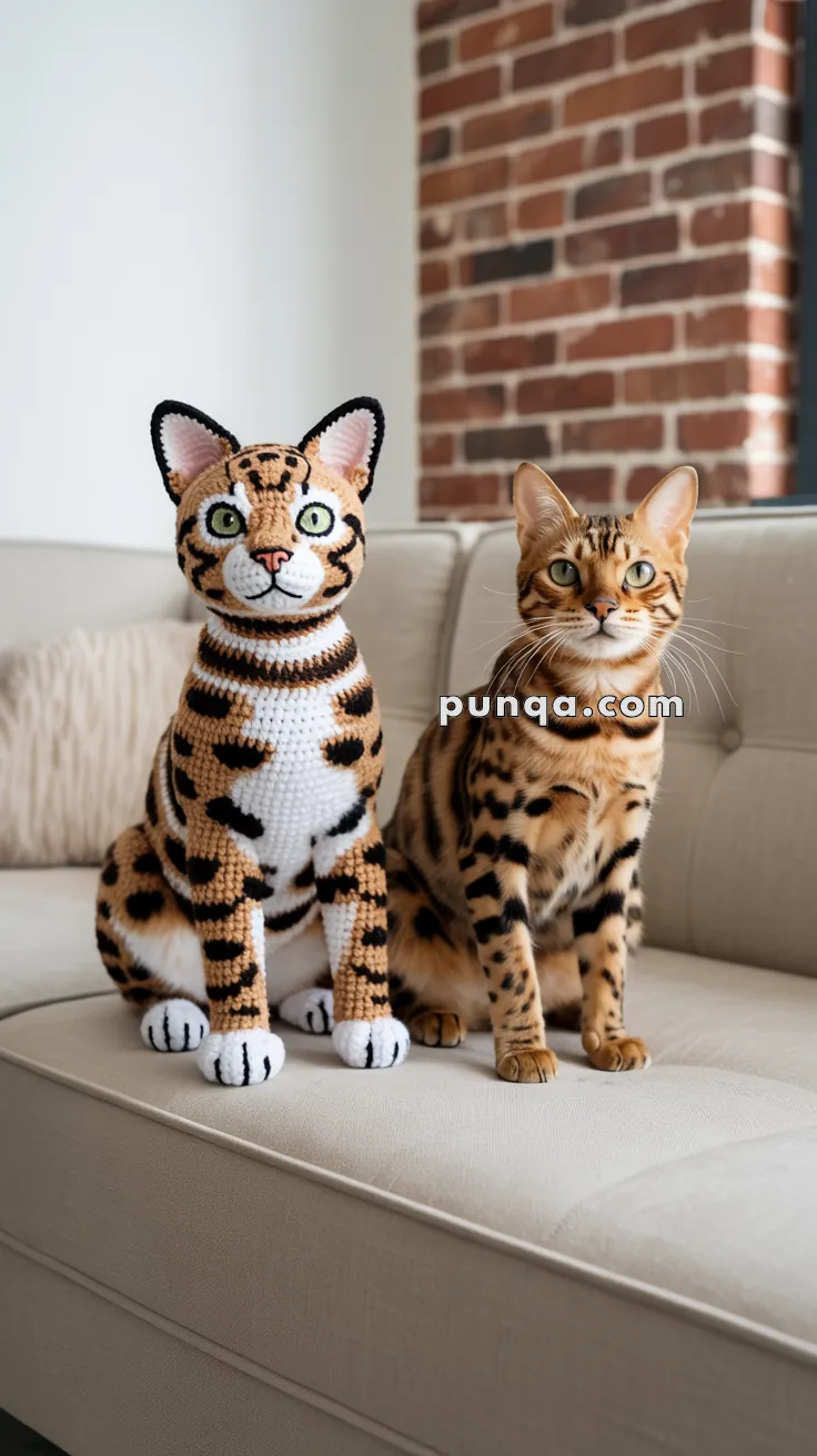 A real Bengal cat sitting next to a crocheted toy cat on a beige couch with a brick wall in the background.