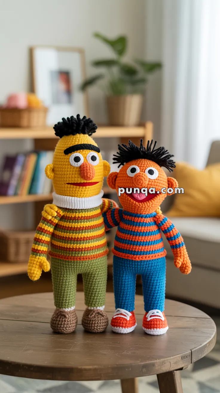 Two crocheted dolls in colorful striped outfits standing on a wooden table in a cozy living room setting with a bookshelf and potted plant in the background.