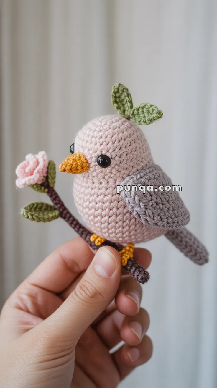 A hand holds a crocheted bird with light pink body, yellow beak and feet, grey wings, and black eyes, perched on a branch with green leaves and a pink flower.