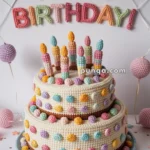 A two-tiered crochet cake decorated with colorful crochet candles and circular designs, with the text 'HAPPY BIRTHDAY!' made from crochet letters hanging above.
