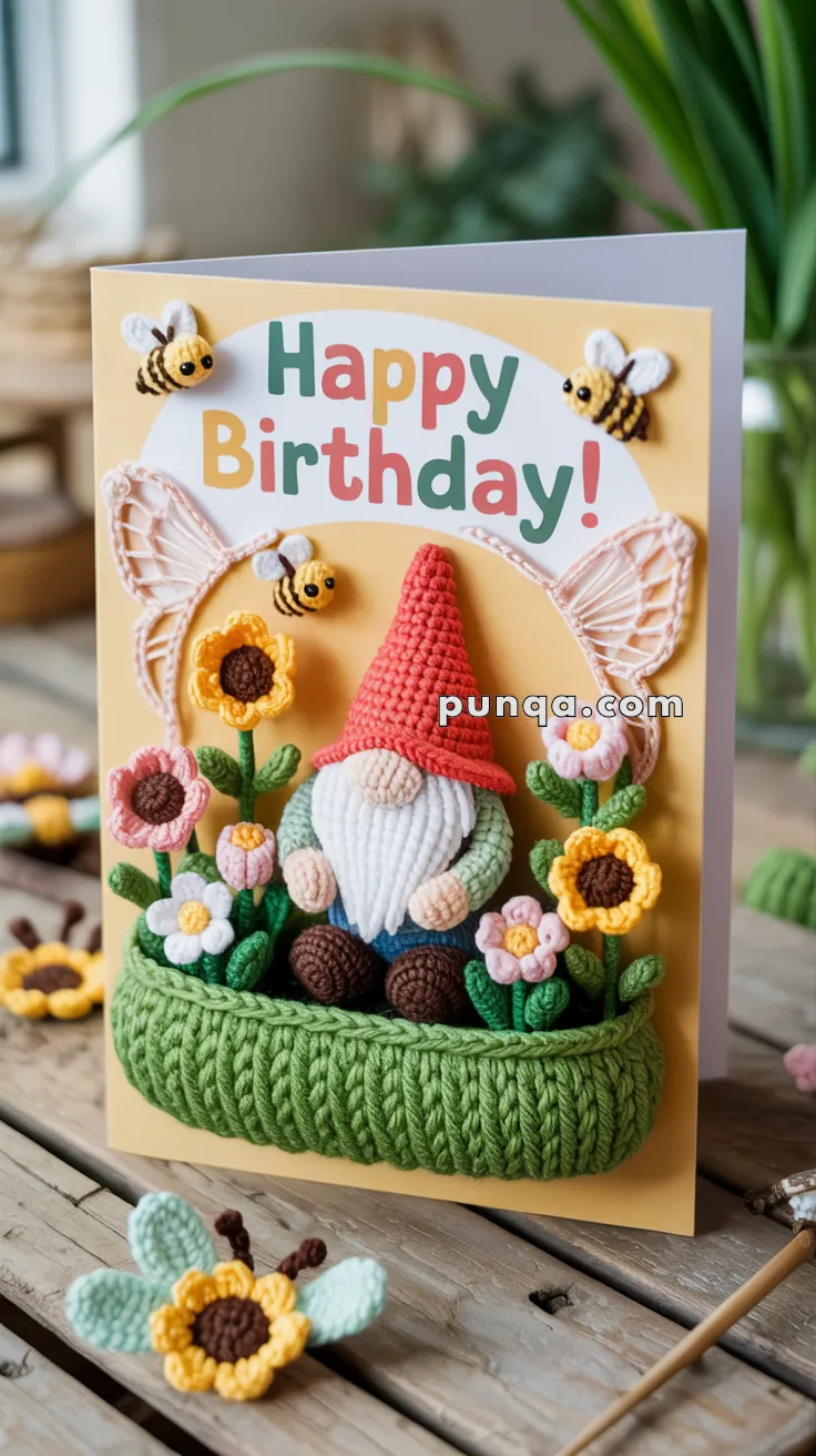 A handmade birthday card adorned with a crochet gnome sitting among colorful flowers and bees, with the text 'Happy Birthday!' at the top.
