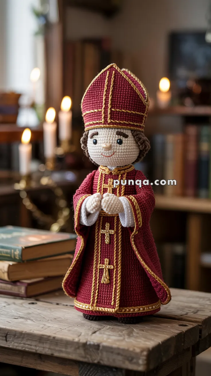 A crocheted doll dressed in a red and gold bishop's outfit, featuring intricate stitching and a mitre. The doll stands on a wooden table in a room lit by candles, with bookshelves in the background.