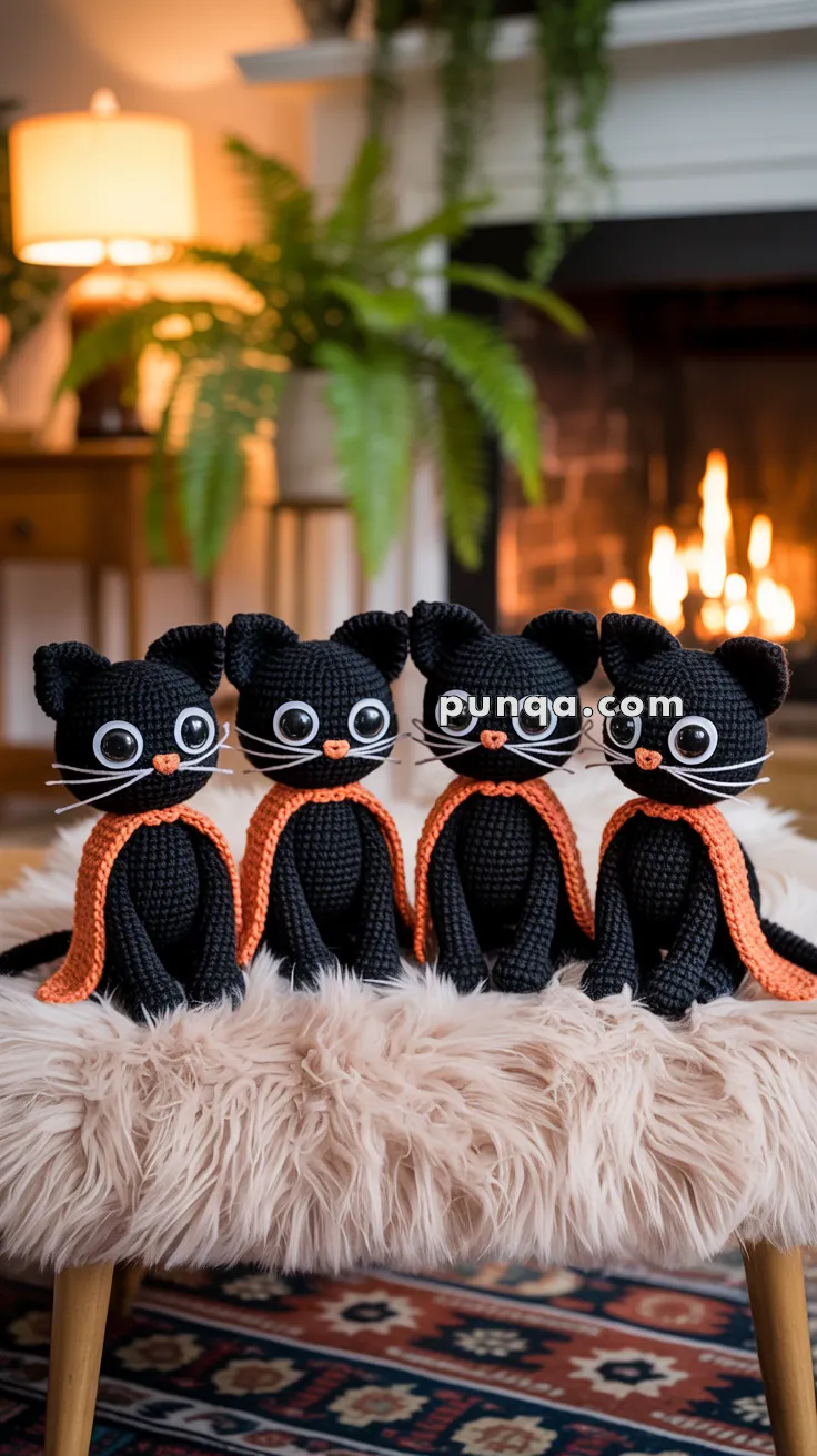 Four crocheted black cats with large eyes and orange bows sit on a fluffy stool in a cozy room with a fireplace and plants in the background.