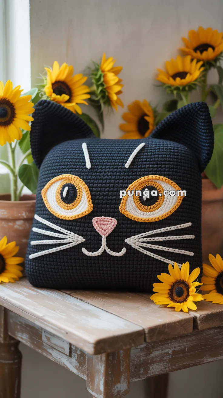 A knitted pillow designed to resemble a cat's face, with large orange and white embroidered eyes, sits on a wooden table surrounded by vibrant sunflowers in pots.