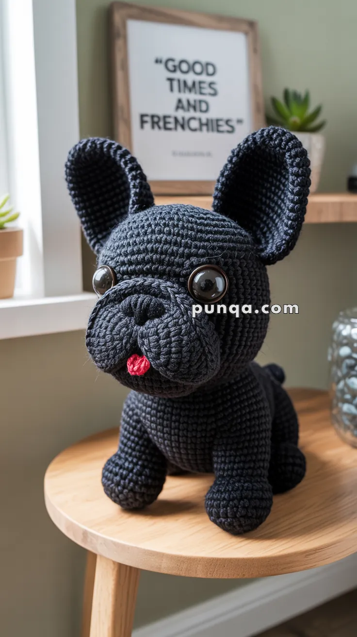 Crocheted black dog plush sitting on a wooden stool with large eyes, a red tongue, and a sign in the background reading "Good Times and Frenchies."