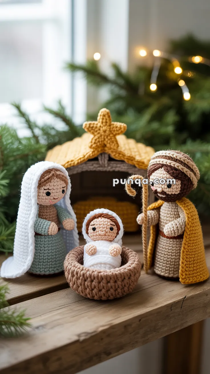 Crocheted nativity scene with figures of Mary, Joseph, and baby Jesus in a manger, all set under a star-topped stable, with festive greenery and lights in the background.