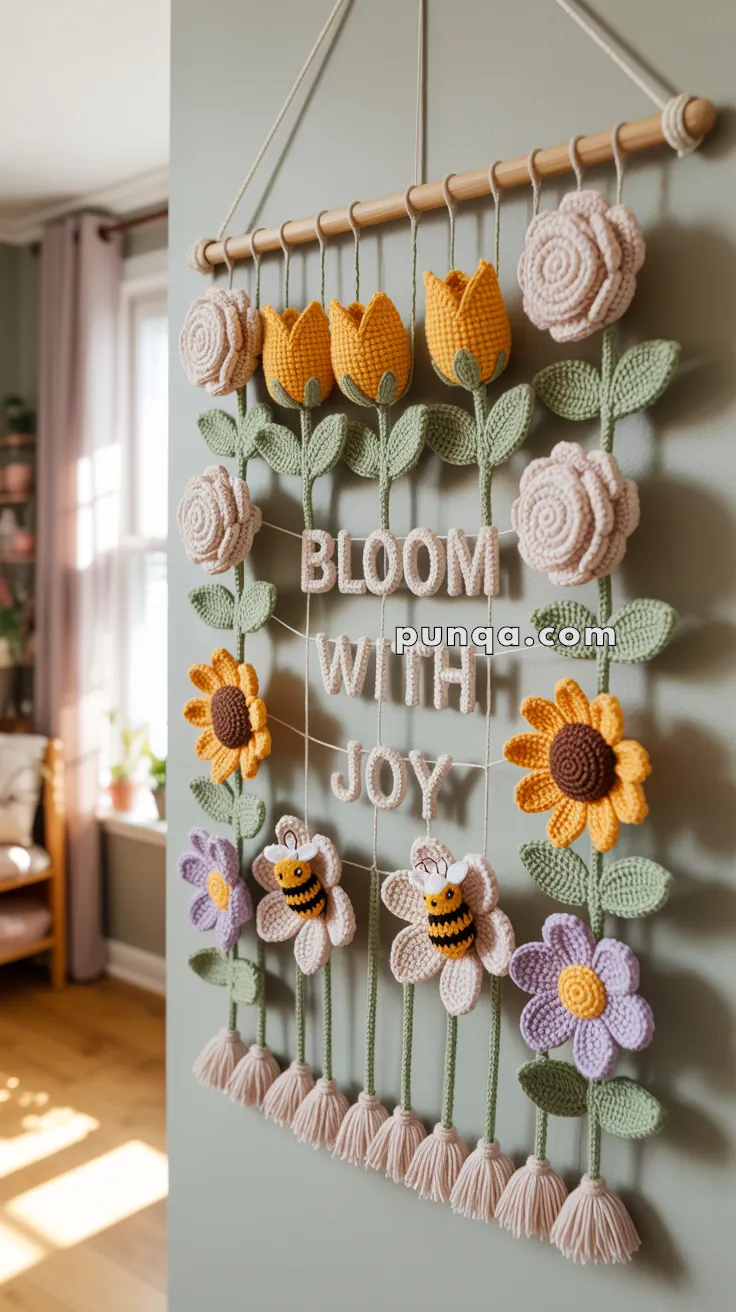A handmade crochet wall hanging featuring flowers, bees, and the phrase 'Bloom with Joy.' The design includes yellow, pink, and purple flowers, green leaves, and dangling tassels, enhanced by the presence of small crochet bees.