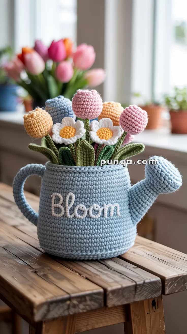 A crocheted blue watering can with the word "Bloom" stitched on it, filled with colorful crochet flowers, is placed on a wooden table with blurred flowers in the background.