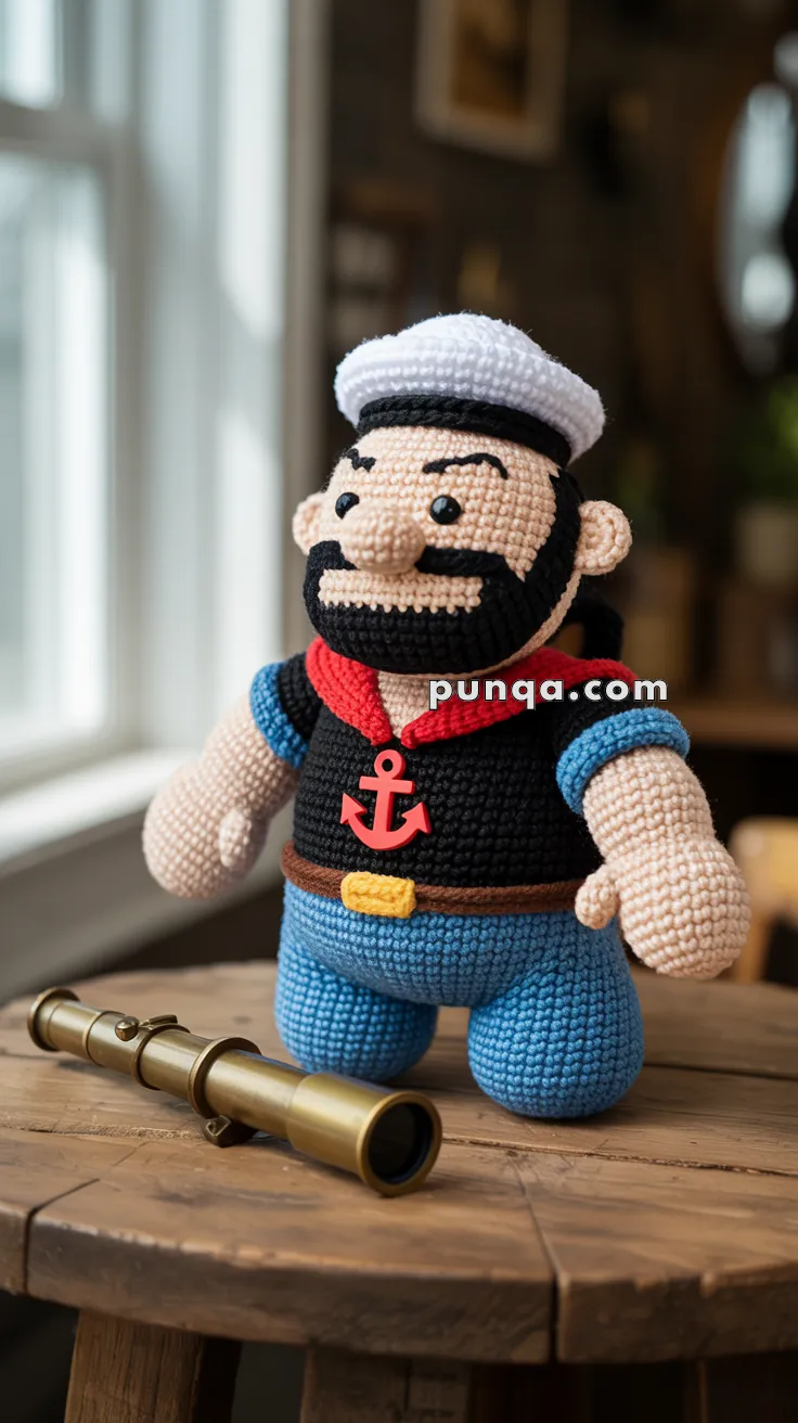 A crocheted sailor doll with a white sailor hat, black beard, and anchor emblem on its chest stands on a wooden table next to a brass telescope.