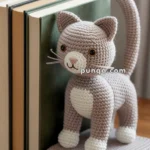 A crochet cat bookend with a gray and white design is holding up several books on a wooden surface.