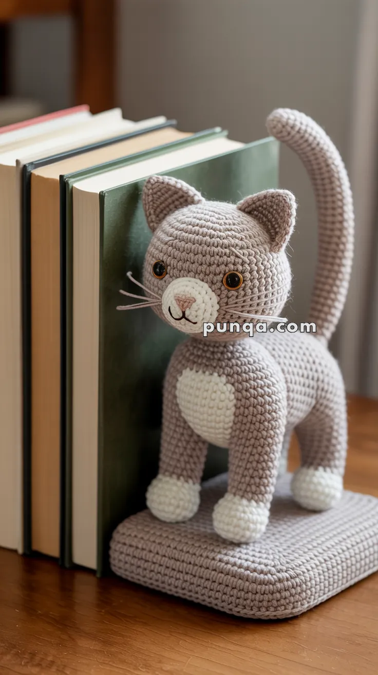 A crochet cat bookend with a gray and white design is holding up several books on a wooden surface.