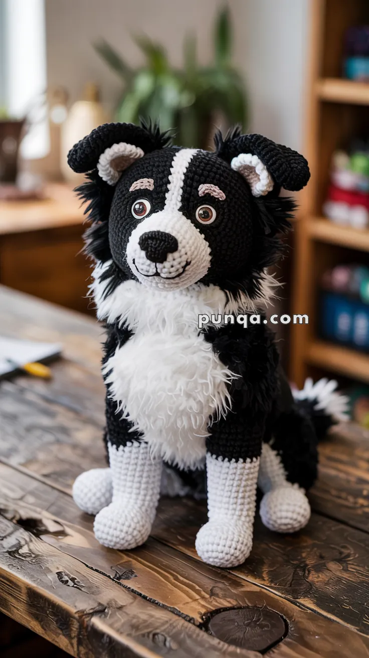 A crocheted black and white dog plush toy with realistic features sits on a wooden table, with a blurred background of a room and plants.