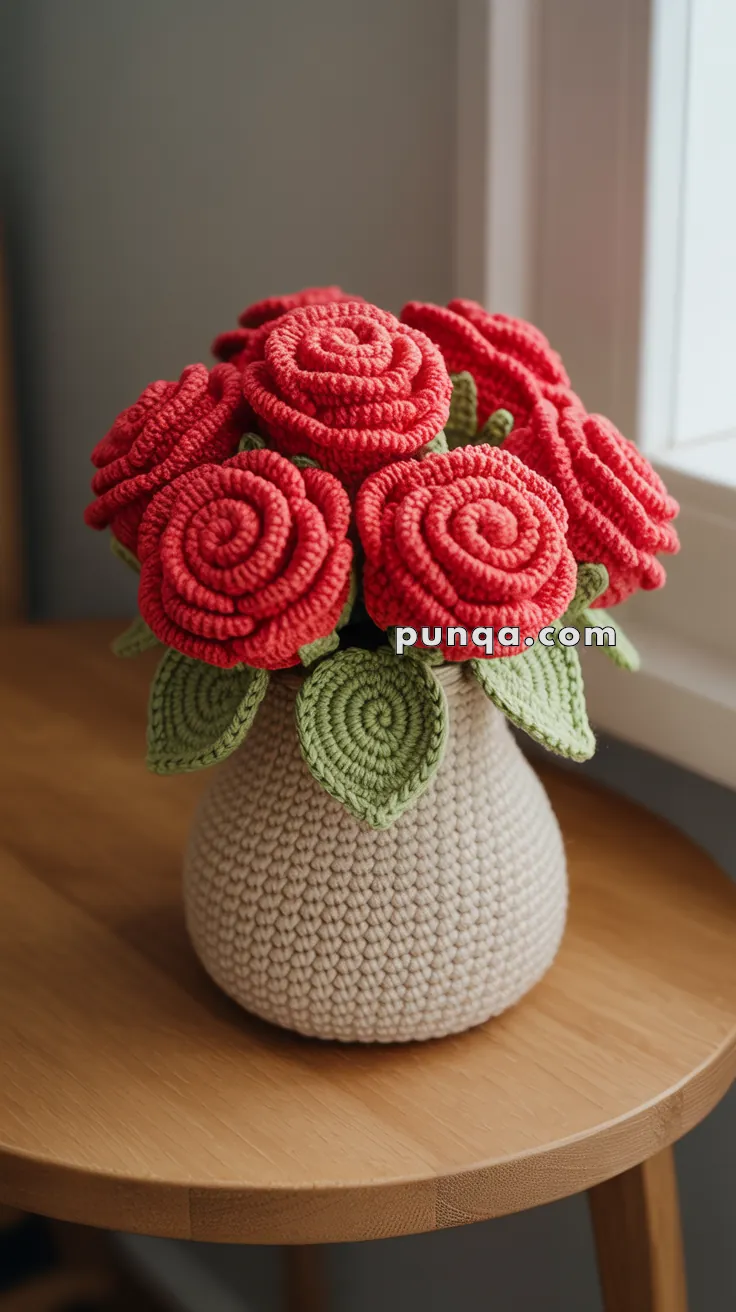 A handmade crochet arrangement featuring red roses and green leaves in a light-colored crocheted vase, placed on a wooden table near a window.