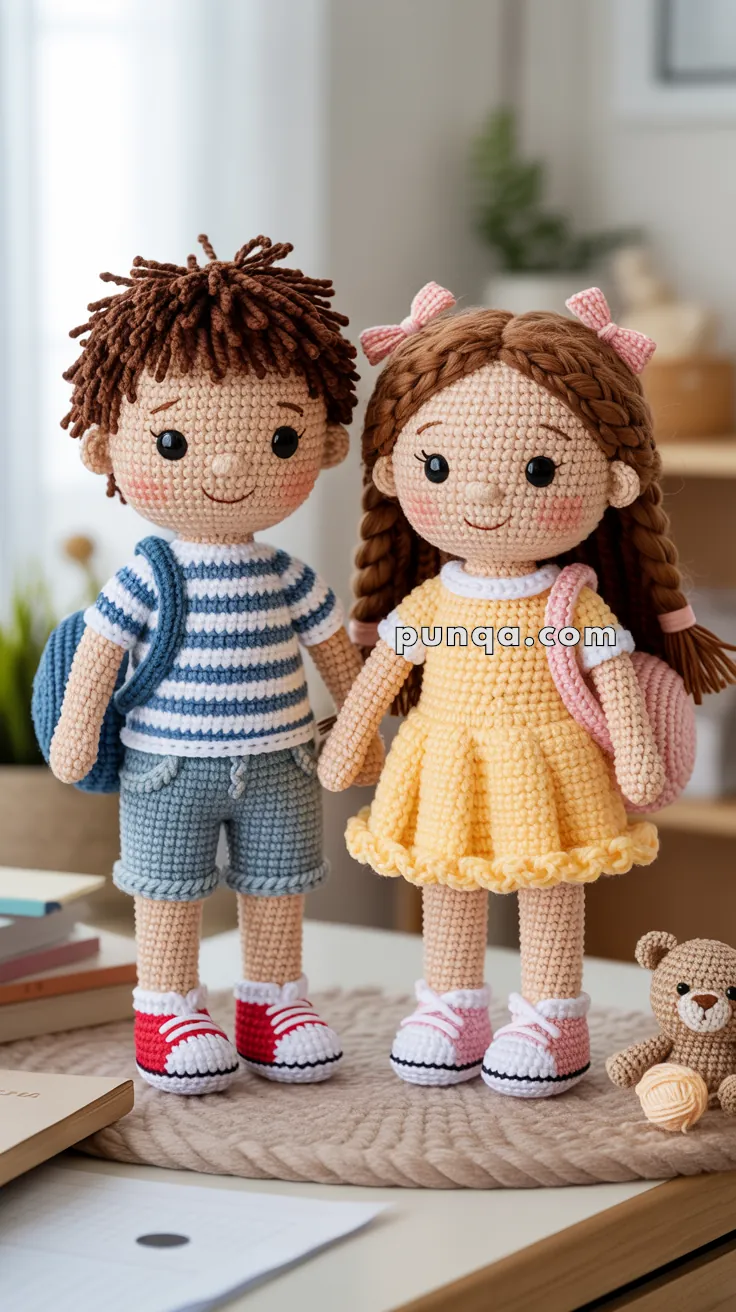 Two crocheted dolls standing side by side; one is a boy wearing a striped shirt and blue shorts, and the other is a girl in a yellow dress with pink accessories, both look cheerful with backpacks.