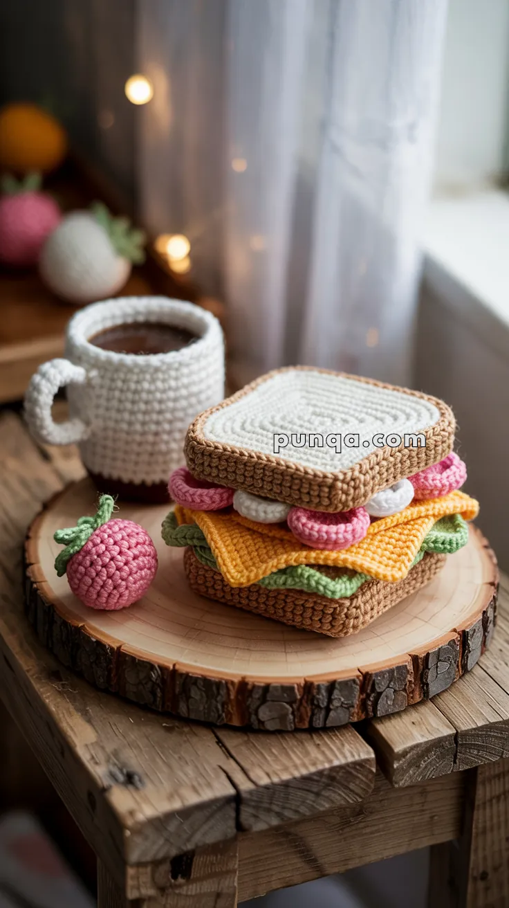 Crocheted sandwich with layers of colorful yarn resembling lettuce, cheese, and meat between two slices of bread, alongside a crocheted cup of coffee and a strawberry, all placed on a wooden surface.