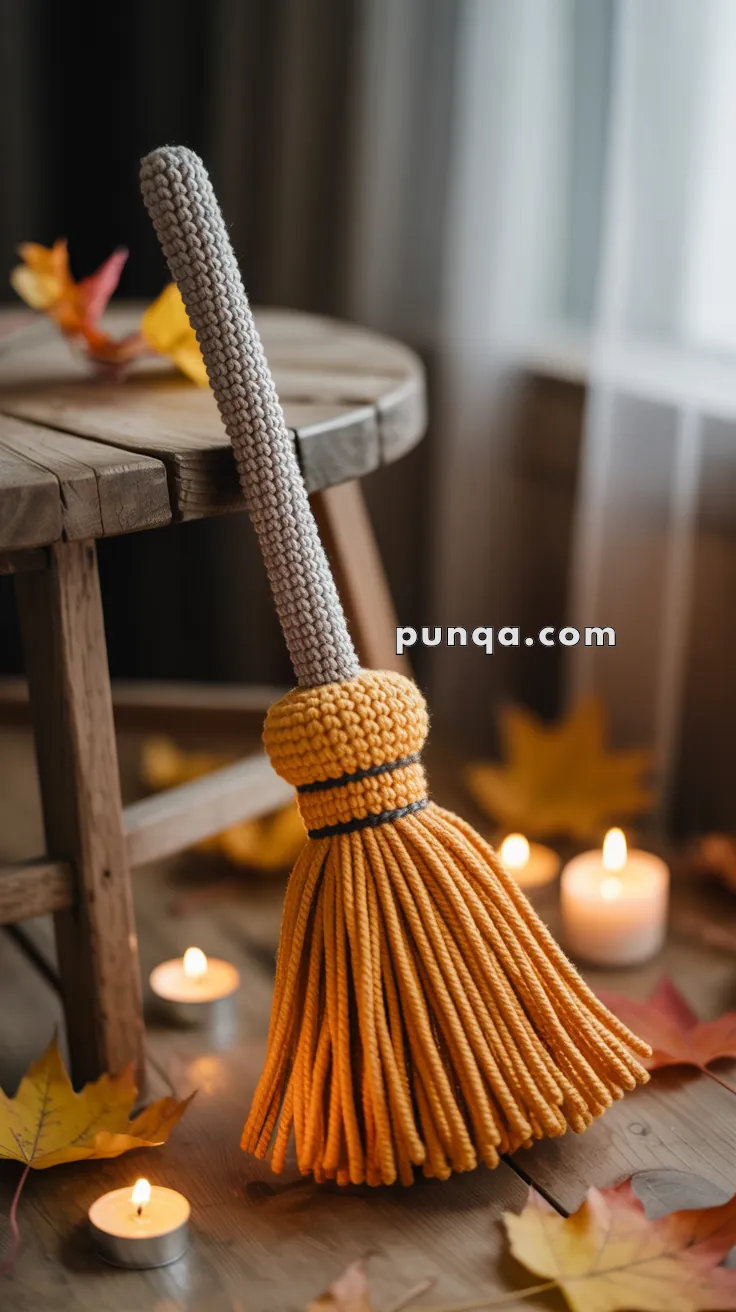 A hand-crocheted broom with a gray handle and an orange tassel rests against a wooden table, surrounded by scattered autumn leaves and lit tealight candles.