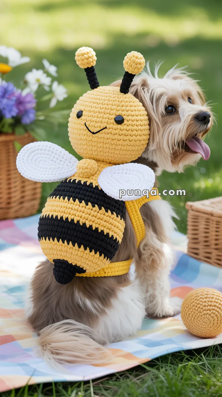 A small dog sits on a picnic blanket wearing a crocheted bee costume with wings and antennae in a park setting.