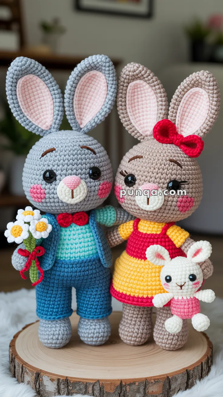 Two crocheted bunny dolls are standing on a wooden platform. The grey bunny, on the left, is wearing a blue suit and red bow tie, holding white and yellow flowers. The beige bunny, on the right, is dressed in a yellow and red dress with a red bow on its head, holding a smaller pink and white crocheted bunny.