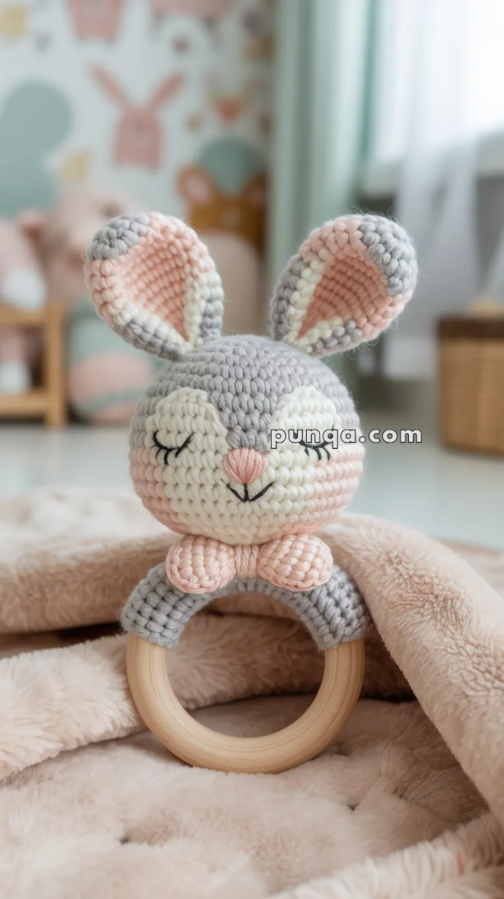 A soft, crocheted baby rattle shaped like a rabbit with closed eyes, featuring gray and pink yarn, attached to a wooden ring, resting on a fuzzy beige blanket with a nursery setting in the background.
