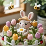 A crocheted scene featuring a cute rabbit with a hat, surrounded by colorful tulips and a white fence, adorned with crocheted ladybugs and bees on strings, placed on a wooden surface against a blurred background.