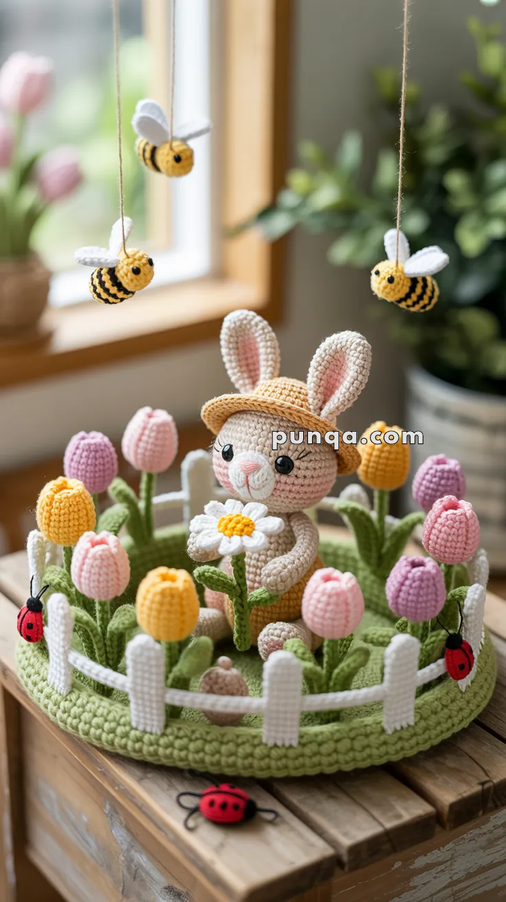 A crocheted scene featuring a cute rabbit with a hat, surrounded by colorful tulips and a white fence, adorned with crocheted ladybugs and bees on strings, placed on a wooden surface against a blurred background.